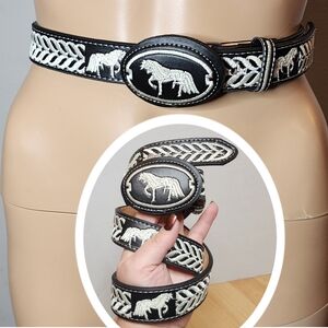 Embroidered Horse Black Charro Belt Western Cowboy Rodeo Horse Kids Adult